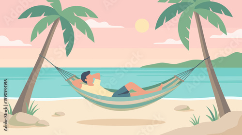 A man relaxes in a hammock on a peaceful tropical beach at sunset. Vector illustration for travel, vacation, leisure, and relaxation concepts.