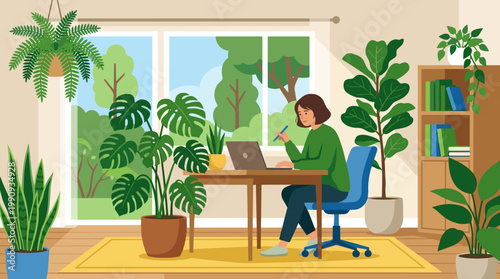 Woman working from home on a laptop in a cozy room with plants. Concept of freelance, remote job, and comfortable biophilic workspace.