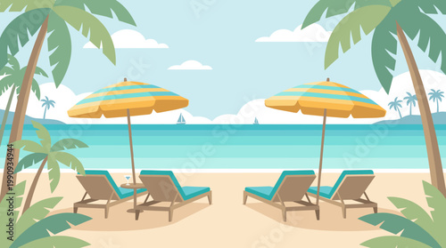 A tranquil tropical beach illustration. An idyllic vacation scene with chairs and umbrellas facing the calm ocean. Perfect for travel and relaxation concepts.