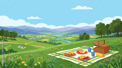 A summer picnic on a green hill with a beautiful landscape view. A vector illustration for travel, leisure, or family outdoor activity concepts.