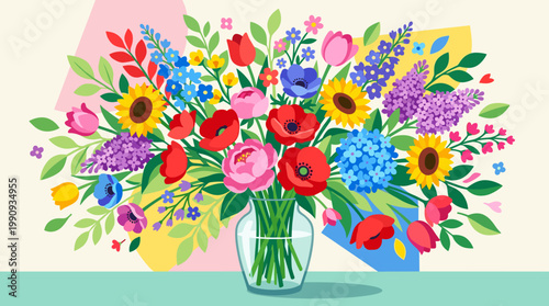 A vibrant vector illustration of a lush bouquet of colorful garden flowers in a glass vase. Perfect for greeting cards, invitations, and spring or summer designs.