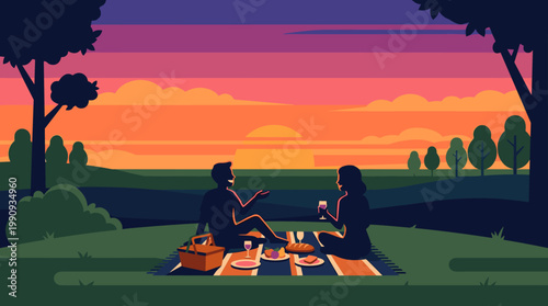 A couple enjoying a romantic picnic date at sunset. This vector illustration evokes feelings of love and tranquility, perfect for relationship or lifestyle themes.