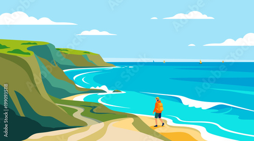A traveler with a backpack walks along a scenic beach. A beautiful summer coastline landscape for travel, vacation, and adventure concepts. Vector illustration.