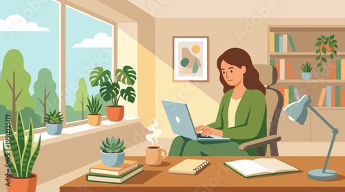 Young woman works on a laptop in a comfortable home office. Concept for remote work, freelance, studying, and a cozy workplace with plants and sunlight.