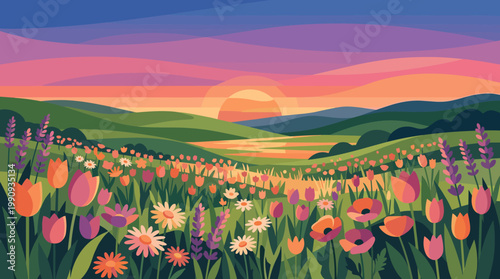A serene vector illustration of a vibrant flower field with rolling hills at sunset. Perfect for nature-themed backgrounds, spring designs, and web banners.