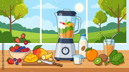 Making a healthy fruit smoothie. Blender with fresh ingredients like fruits, berries, and spinach on a kitchen table. Concept for healthy eating, diet, and detox.