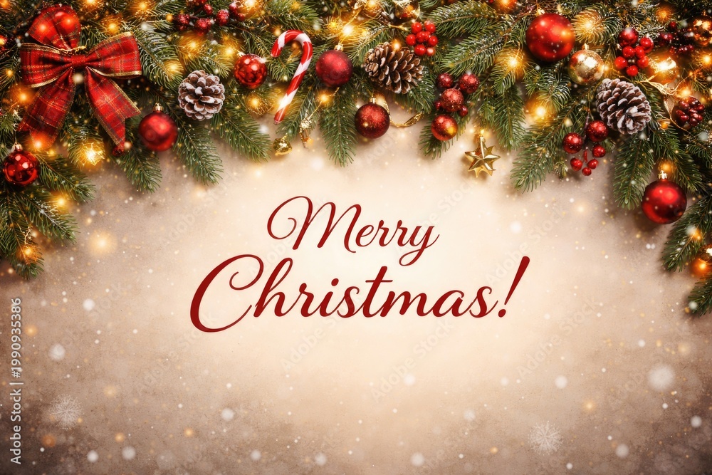 Fototapeta premium Christmas themed banner showcasing fir branch decorations and headline with ample copy space