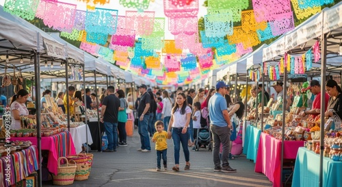People shopping at an outdoor market Cino de Mayo
