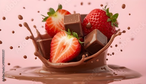 A vibrant and appetizing image of fresh strawberries and chocolate pieces splashing into a puddle of melted chocolate on a pink background