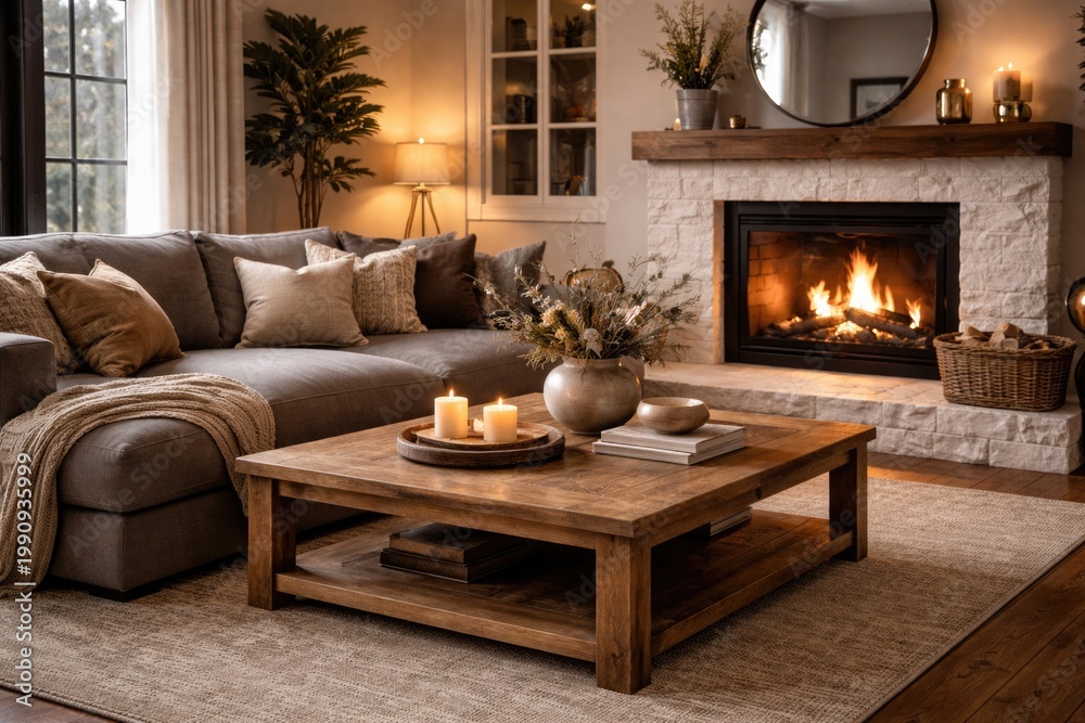 Obraz premium Warm home lounge setting with a wooden coffee table near a grey sectional sofa and a decorative fireplace