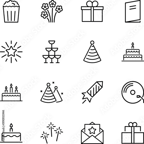 Party celebration birthday event holiday icons set, cake, gift, party hat, champagne, fireworks, flowers, card, sparklers