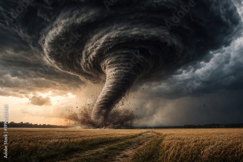 Massive twister cloud curling aggressively across wide open fields