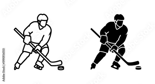 Ice Hockey Player Silhouette and Outline Vector Set