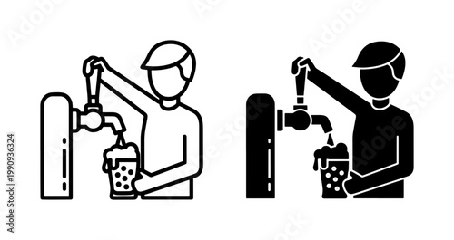 Bartender pouring draft beer from tap into glass icon set