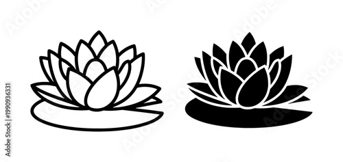 Lotus flower line art and black silhouette icons