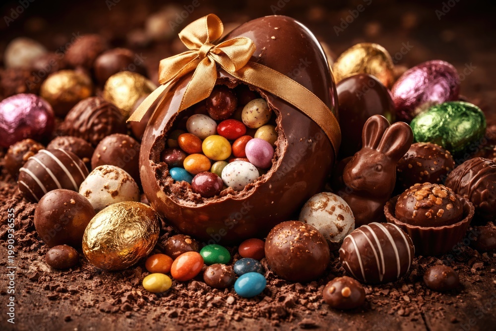 Obraz premium Yummy Easter chocolate egg accompanied by a selection of sweet chocolates