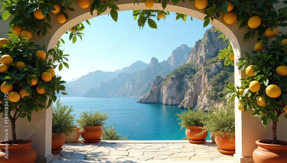 Fototapeta premium Framed view of calm sea and mountains through archway. Orange trees in pots with ripe fruit adorn patio overlooking ocean vista. Sunny day on coast.