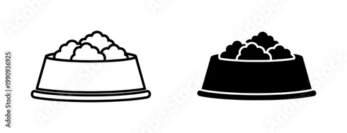 Pet food bowl icons in outline and solid black style
