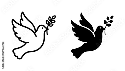 Schilderij op canvas Peace Dove Flying with Olive Branch Outline and Silhouette