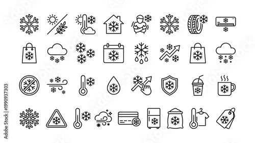 Set of 30 outline icons related to snowflake. Linear icon collection. Editable stroke. Vector illustration
