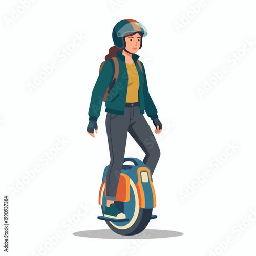 The image depicts a young woman confidently riding a sleek electric unicycle, highlighting modern mobility and innovation, as well as independence in transportation.