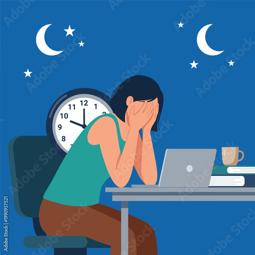 This image portrays an overworked individual, visibly frustrated and overwhelmed by late-night work, reflecting the challenges of work-life balance and the toll of excessive work hours.