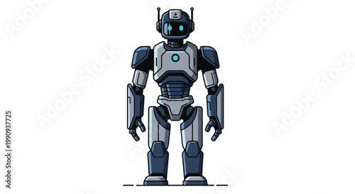 Full-body illustration of a robot with blue accents standing against a white background with a metallic and futuristic mood.
