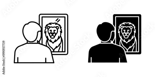 Man looking at lion reflection in mirror icon