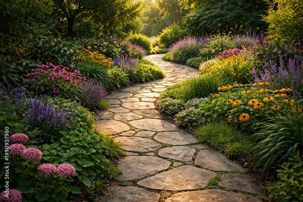Obraz premium Flagstone pathway winding through a vibrant garden setting