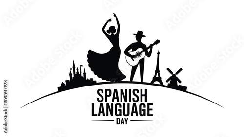 spanish language day cultural illustration with flamenco dancer guitarist and bull silhouette minimal black design on white background traditional spain celebration concept 