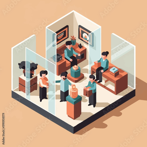 Isometric view of people in a museum exhibition hall.