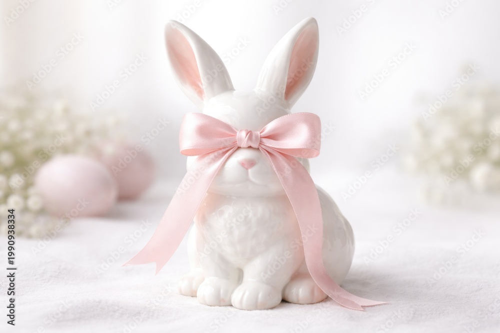 Fototapeta premium A porcelain bunny with a pink ribbon covering its face on a white background as a festive Easter decoration