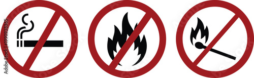 No smoking sign icon set red prohibition showing no open fire burning and no open flame safety instruction warning symbol design