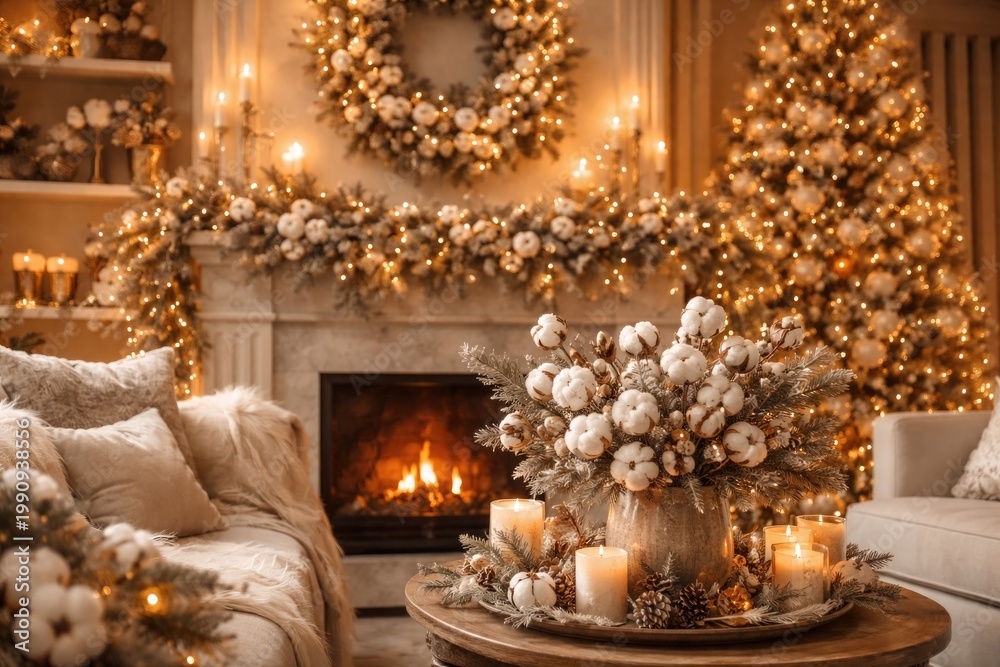 Fototapeta premium Cozy festive ambiance with elegant cotton bloom Christmas decorations and warm fairy lights