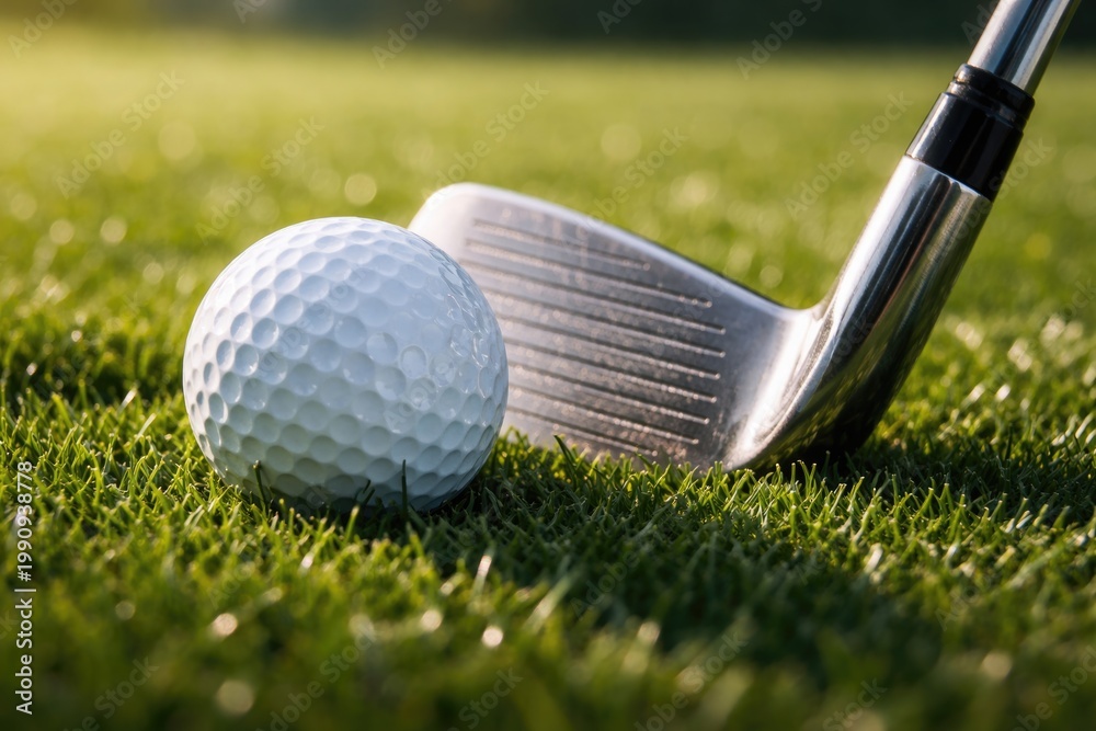 Fototapeta premium Macro view of golf ball and iron club on soft lush turf