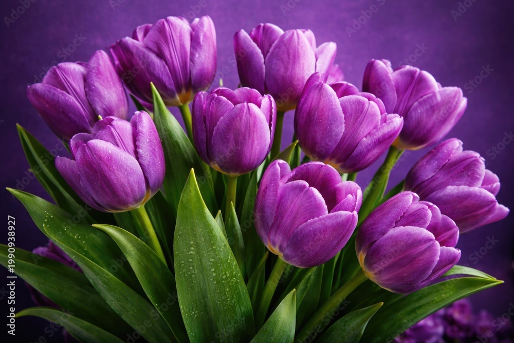 Fototapeta premium Cheerful purple tulips arranged against a rich violet background
