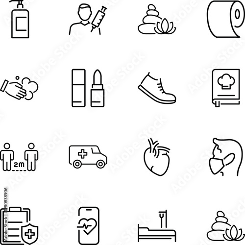 Healthcare wellness hygiene lifestyle beauty essential icons, syringe, face mask, sanitizer, heart, ambulance, social distancing