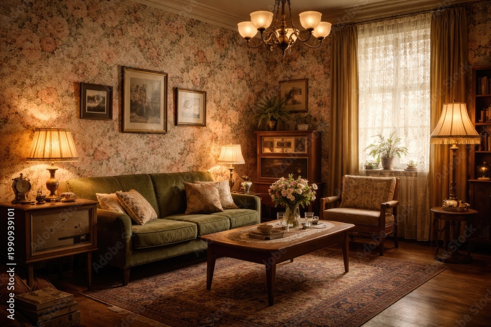 Fototapeta premium Vintage style room with floral patterned wall decor and retro furniture