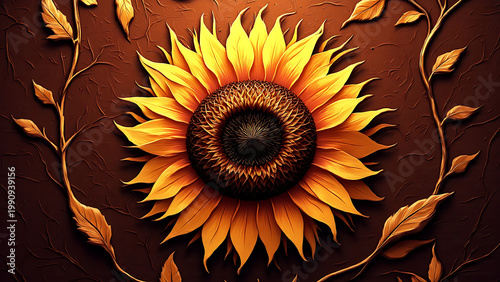 Abstract embossed sunflower design golden accents on matte brown, pastel rose mural on blush pink gradient background embossed 3D, elegant bamboo mural silver outlines textured black

