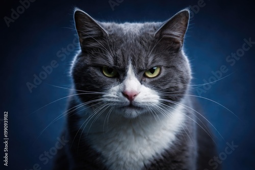 Gray and white cat showing anger looking directly at the viewer with blue backdrop