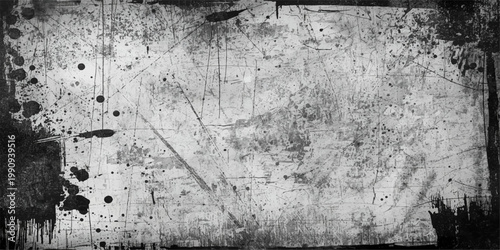 A dark aged grunge metal background featuring a rough textured gray concrete wall pattern with a dirty vintage paper surface and a weathered cement backdrop frame.