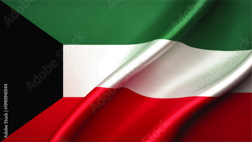 Waving Kuwait flag closeup background with flowing silk texture in green white red and black, national symbol banner illustration