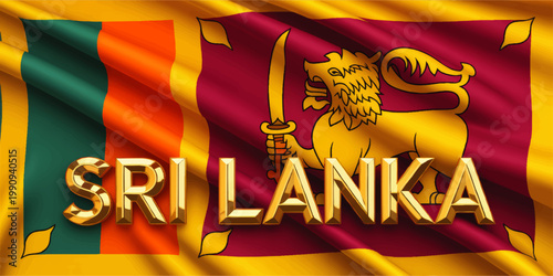 Sri Lanka Flag Illustration with Golden Lion and Bold Typography, Waving National Banner in Vibrant Red Orange Green and Gold