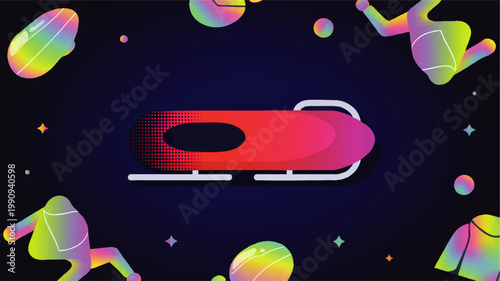 Futuristic red bobsleigh sled in colorful outer space scene with neon planets and abstract cosmic shapes on dark background
