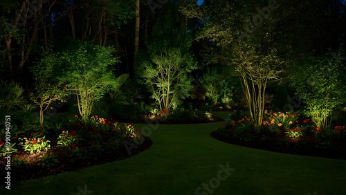 Enchanting Garden Pathway Illuminated at Night by Soft Landscape Lighting