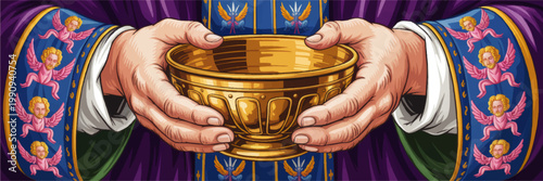 Priest Hands Holding Golden Offering Bowl in Ornate Liturgical Robe, Sacred Religious Ritual Illustration