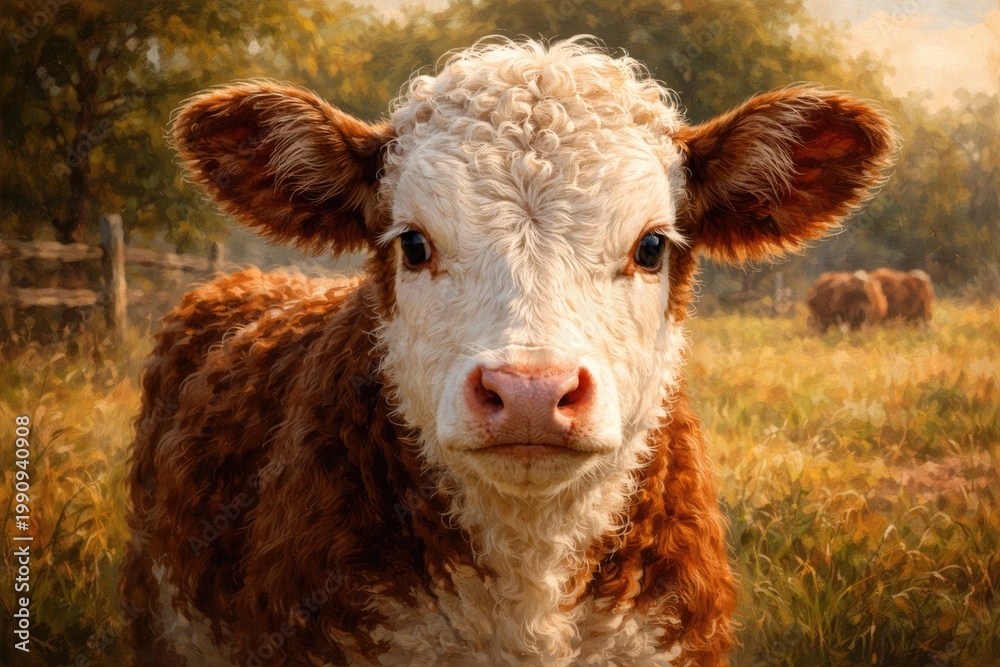Fototapeta premium Oil painted close up of a Hereford beef calf showing detailed features with a gentle farm scene blur