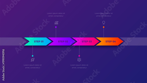 Four step chevron arrow timeline on dark purple background