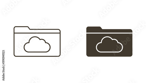 Cloud storage folder icon set in outline and solid style for digital file management and internet data backup system concepts