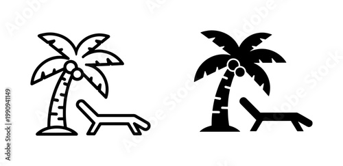 Tropical Palm Tree and Beach Chair Icon Set